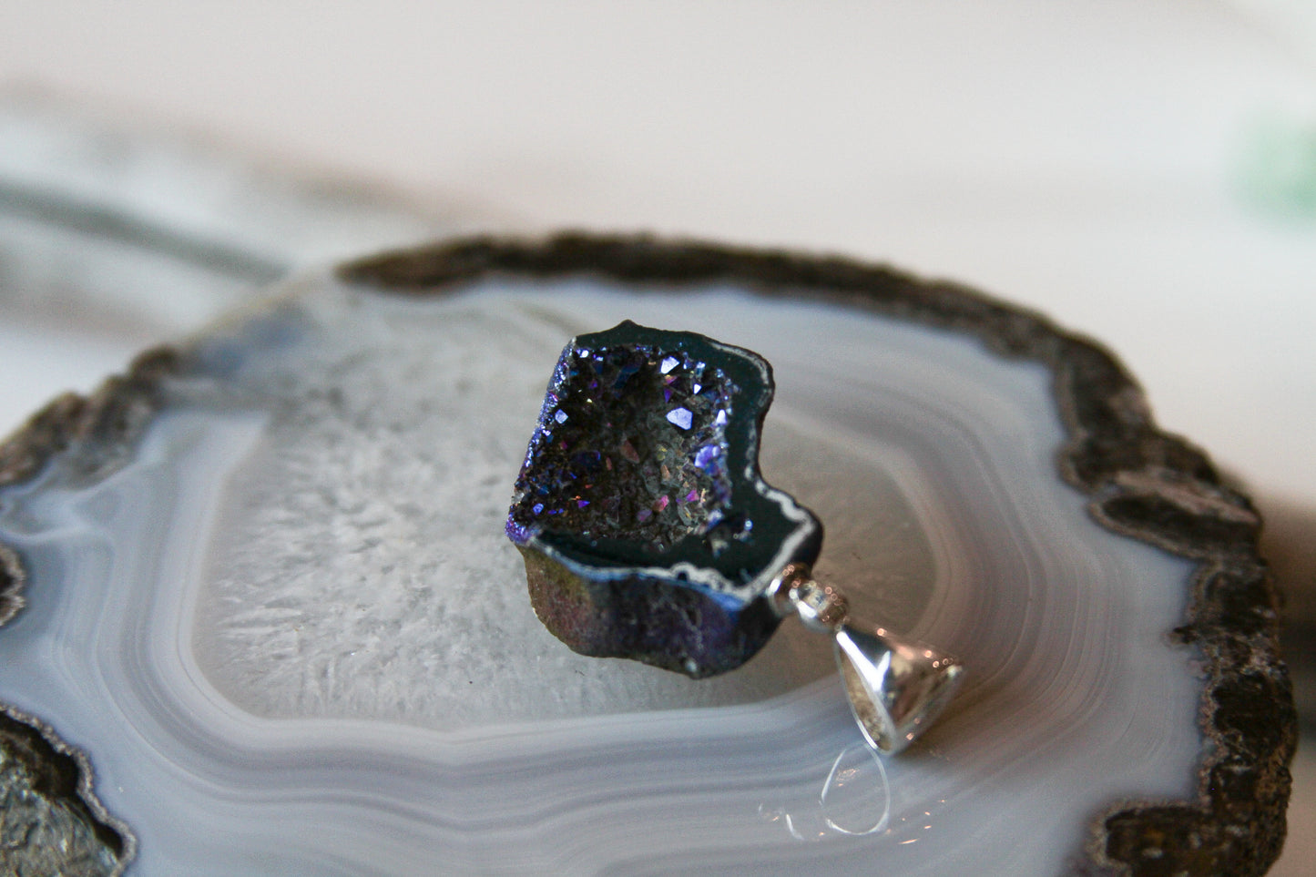 Blue Drusy Geode Pendant. 925 Sterling Silver