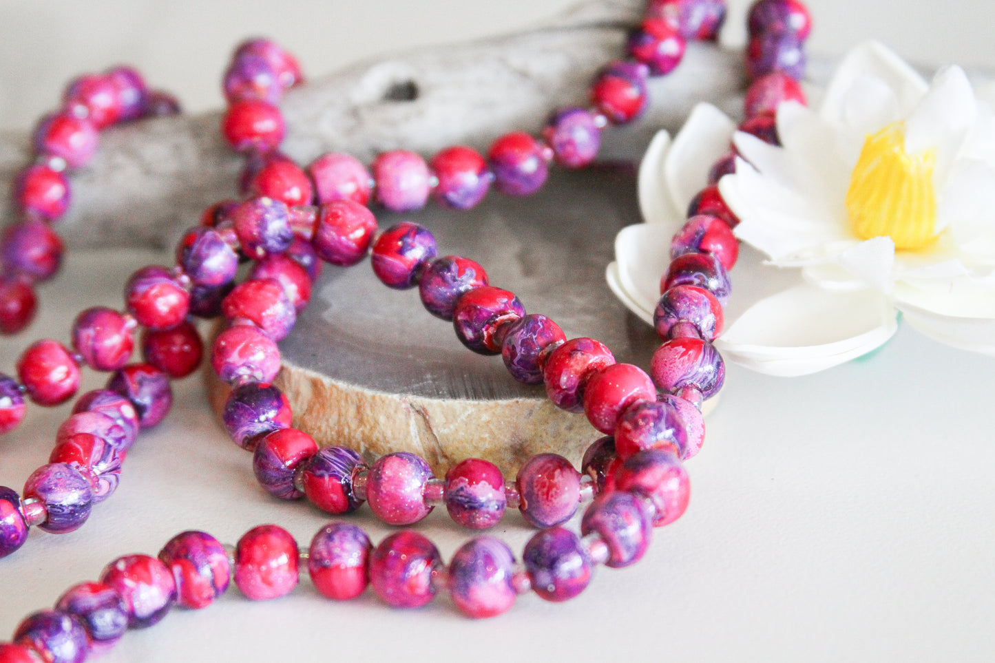 Marbleized Wood Long Beaded Necklace (Hot Pink, Purple, Lime Green)