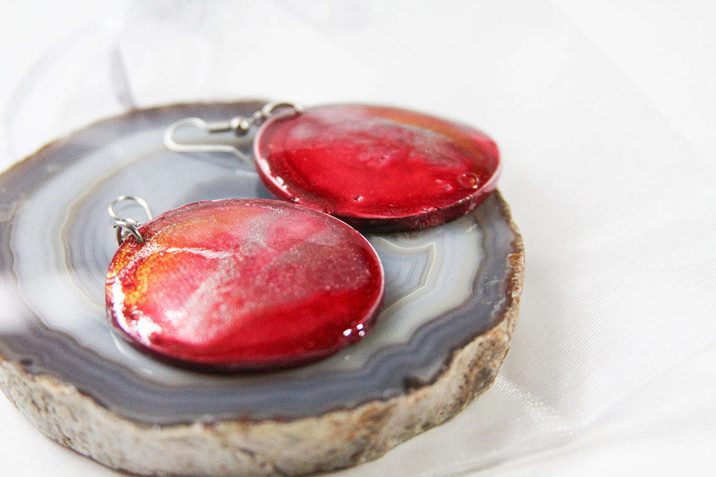 Red Marbleized Wood Earrings