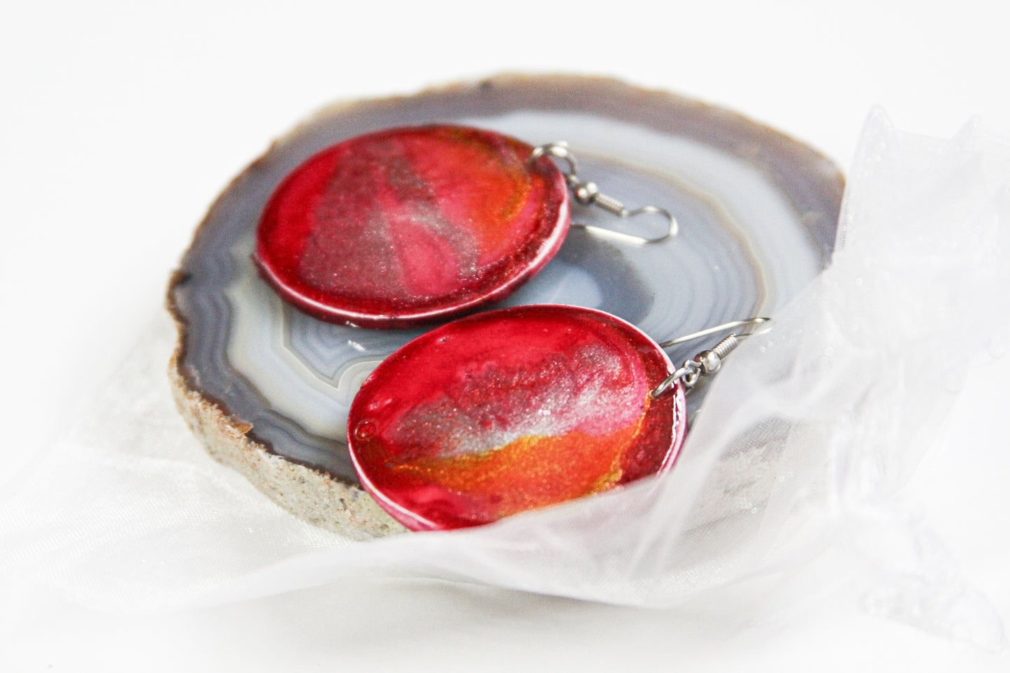 Red Marbleized Wood Earrings