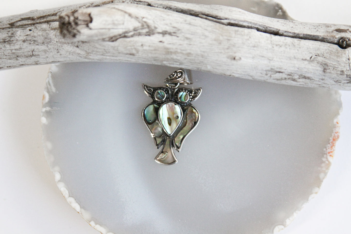 Owl Abalone Shell Pendant .925 Sterling Silver