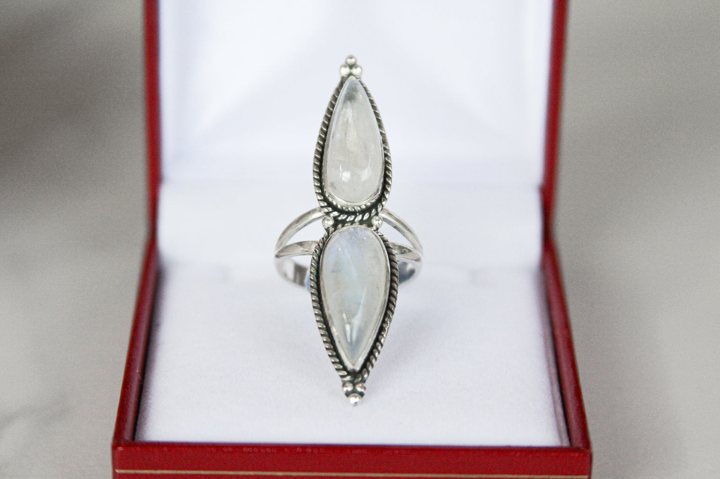 Double Teardrop Rainbow Moonstone Ring