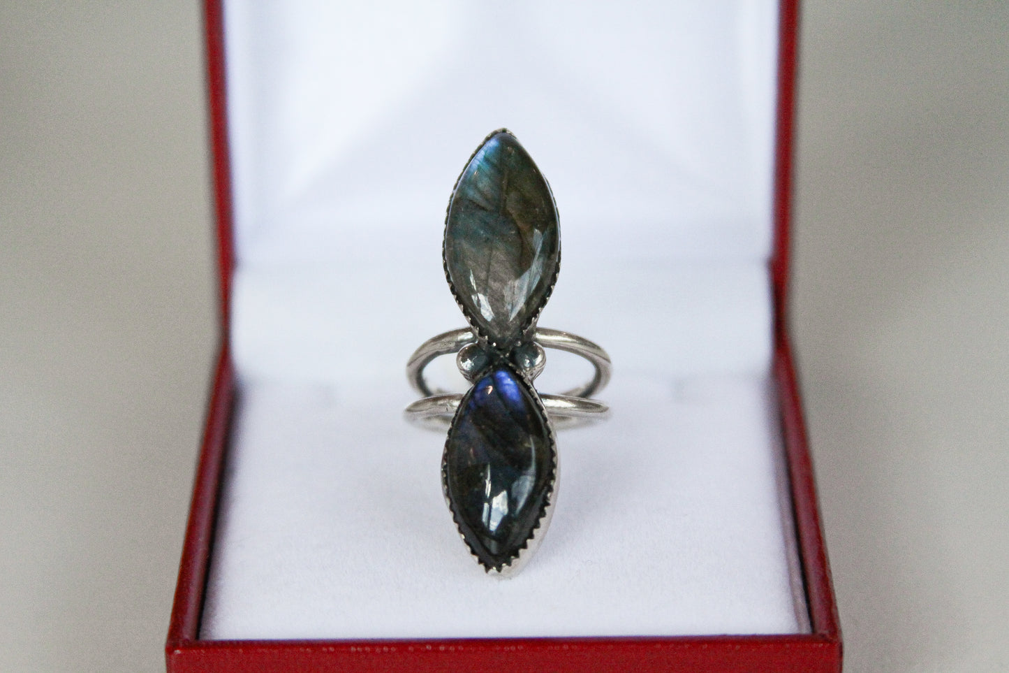 Double Tear-Shaped Sterling Silver Labradorite Size 6 Ring