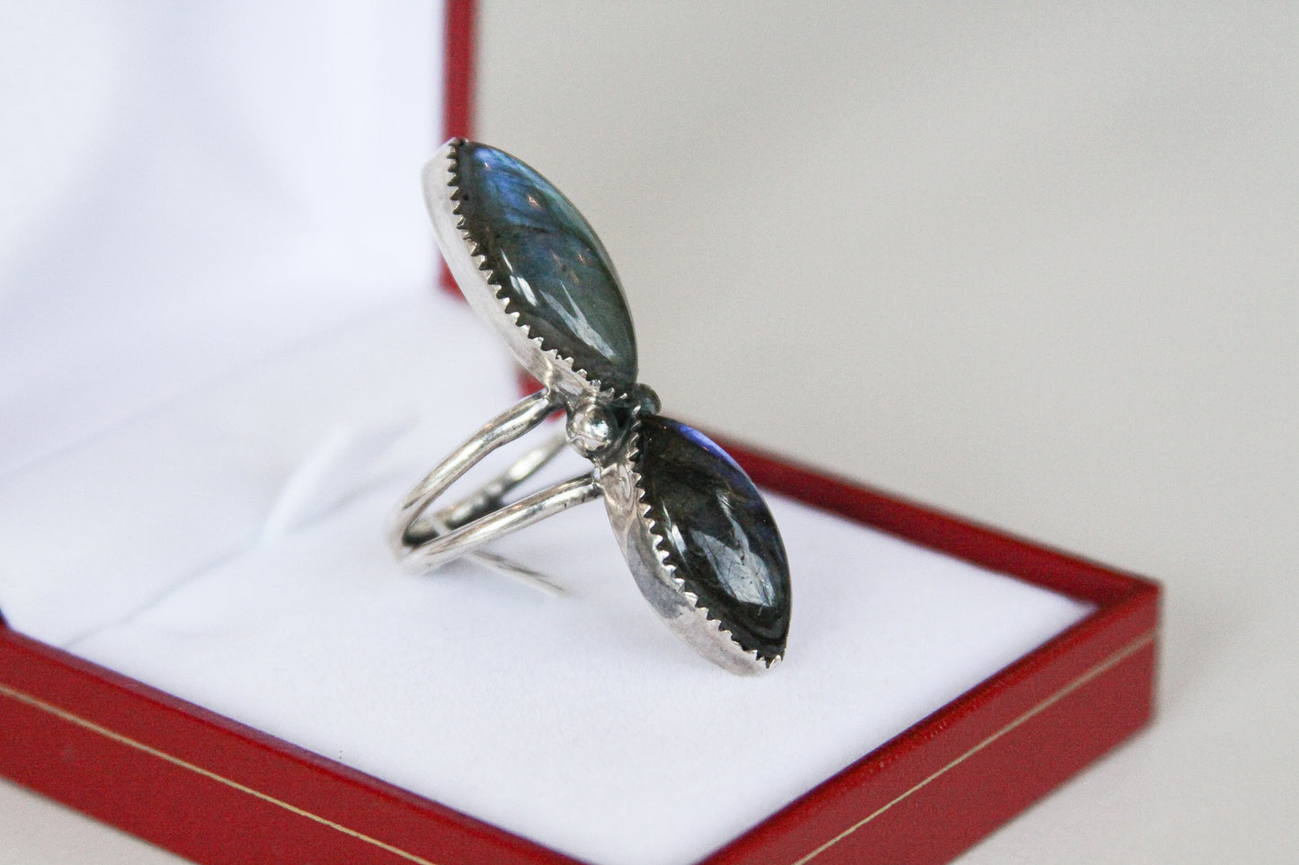 Double Tear-Shaped Sterling Silver Labradorite Size 6 Ring