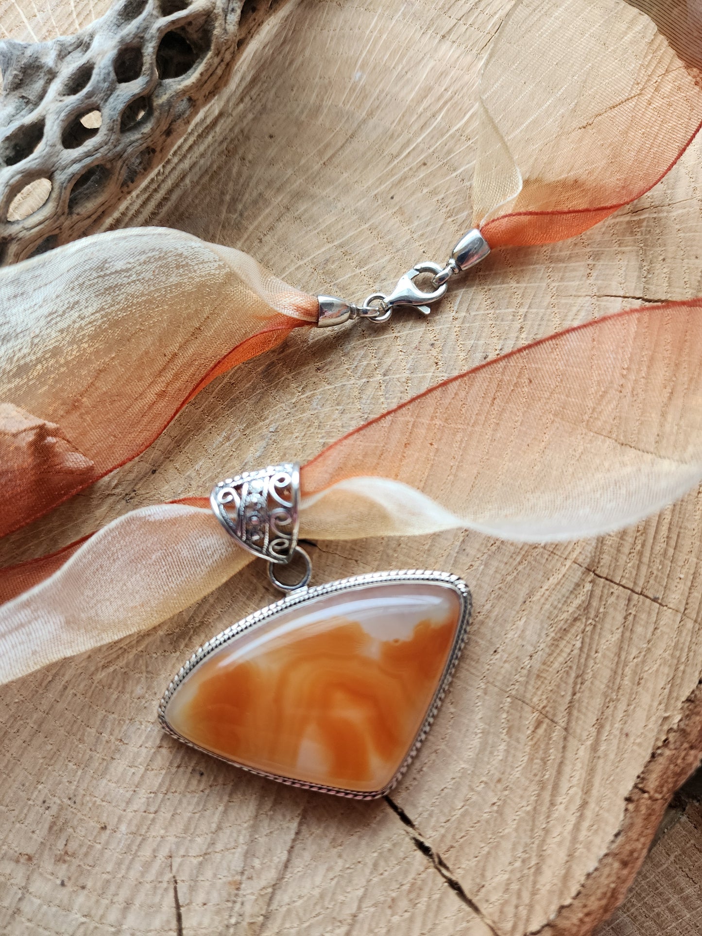 Agate Gemstone Pendant on a Ribbon