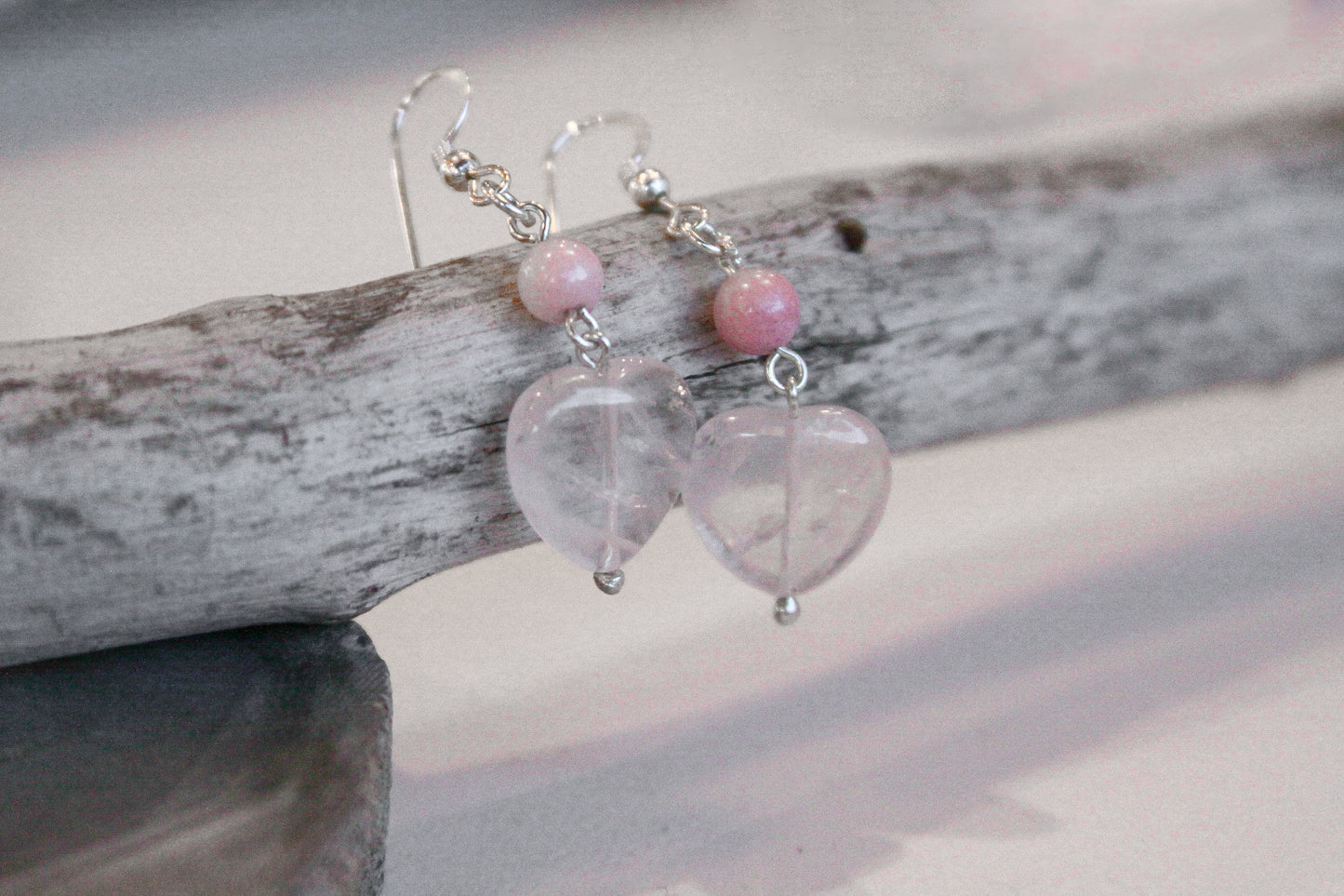 Rose Quartz Heart-Shaped Dangle Drop Earrings .925 Sterling Silver