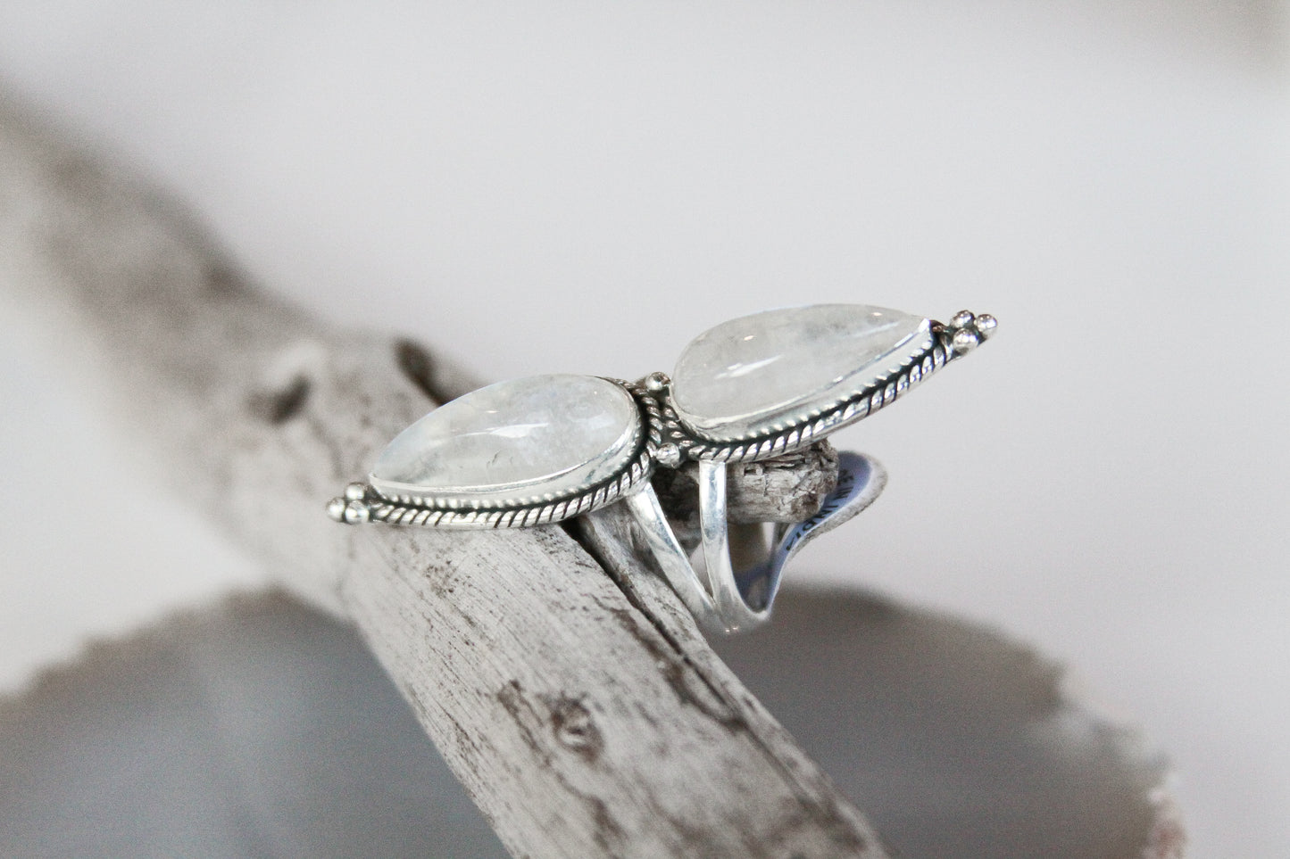 Double Teardrop Rainbow Moonstone Ring