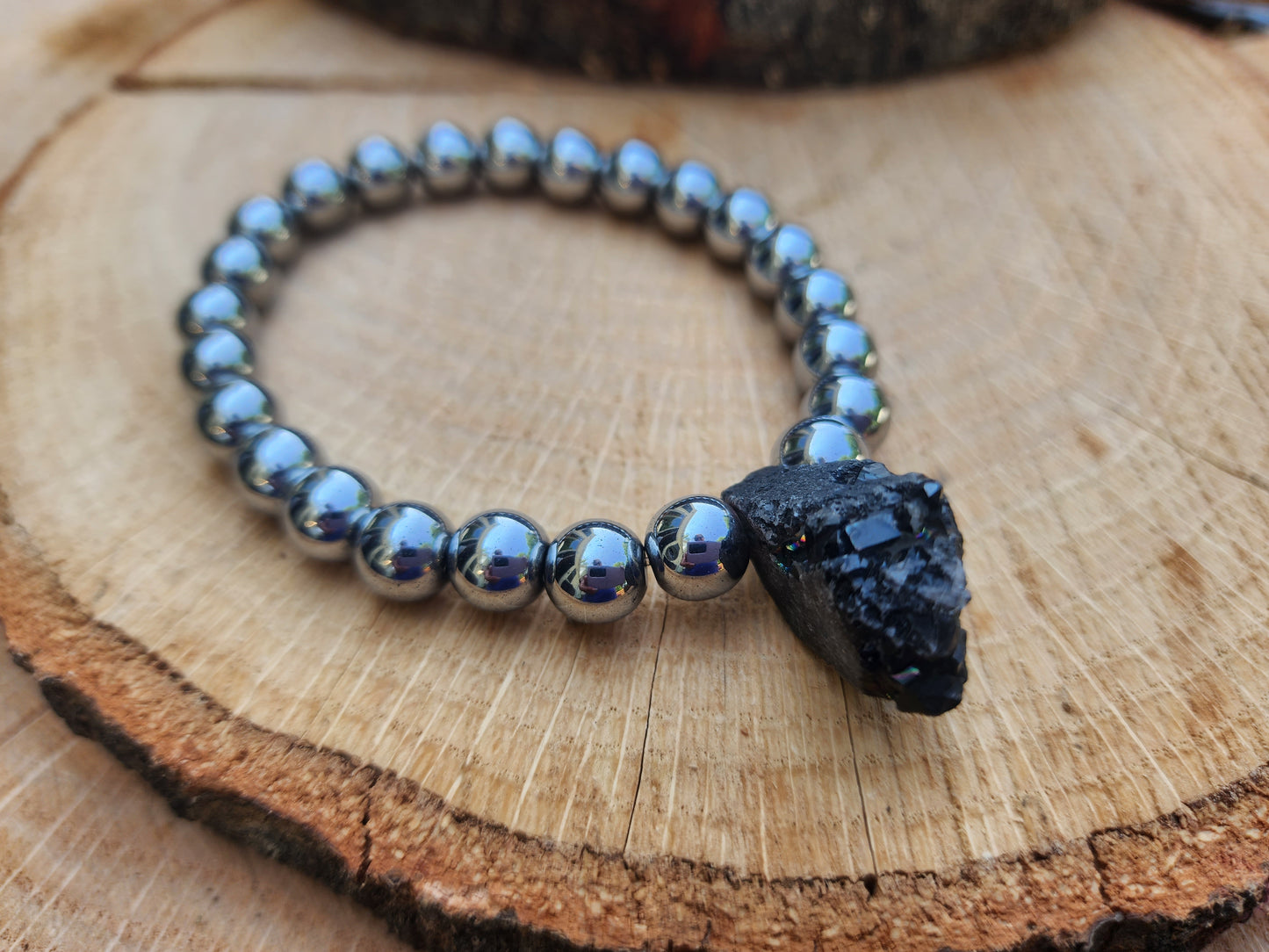 Black Tourmaline Stone Men's Stretchy Bracelet