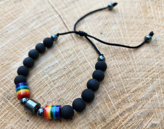 LGBT Pride Hematite Stone Macramé Style Adjustable Bracelet