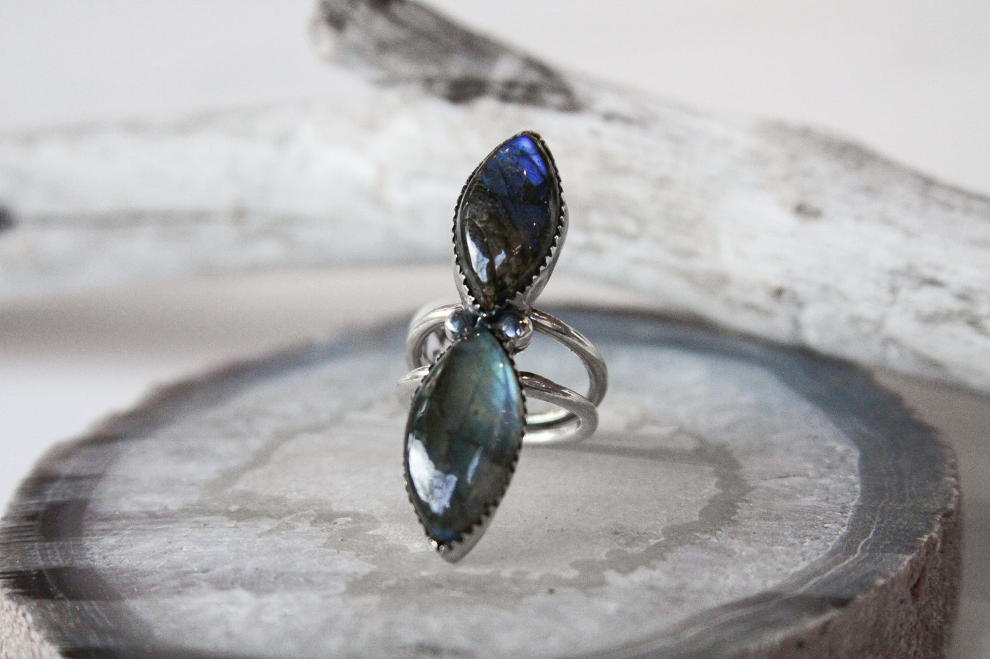 Double Tear-Shaped Sterling Silver Labradorite Size 6 Ring