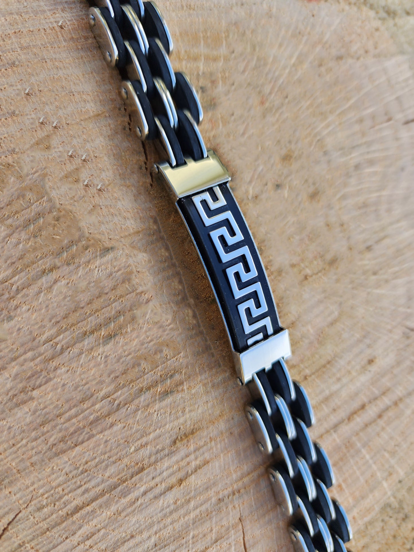 Greek Key Stainless Steel and Rubber Bracelet