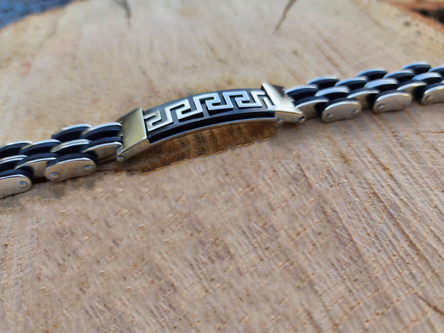 Greek Key Stainless Steel and Rubber Bracelet