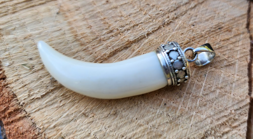 Natural Stone Tibetan Style Horn Pendant .925 Sterling Silver