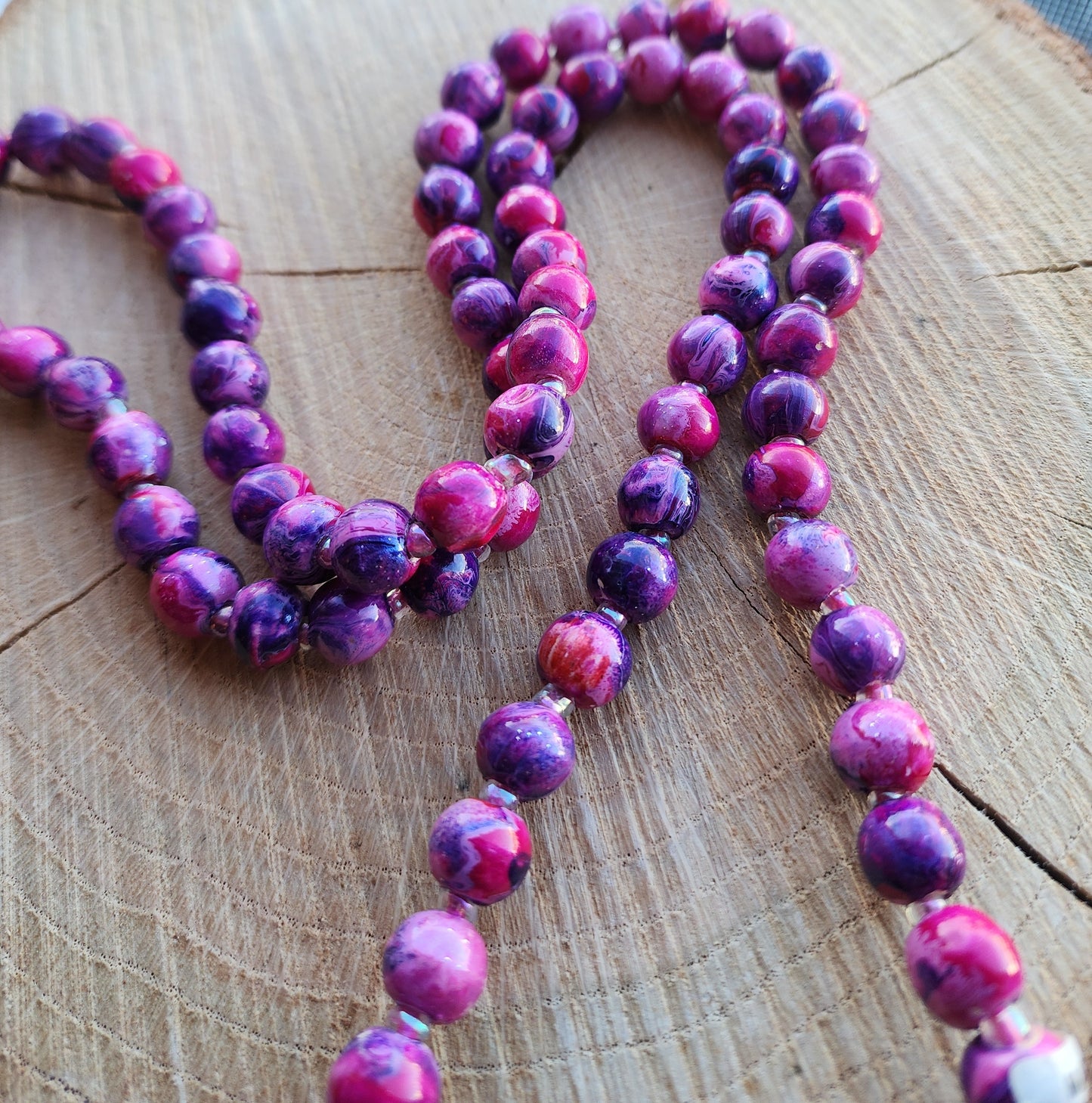 Marbleized Wood Long Beaded Necklace (Hot Pink, Purple, Lime Green)