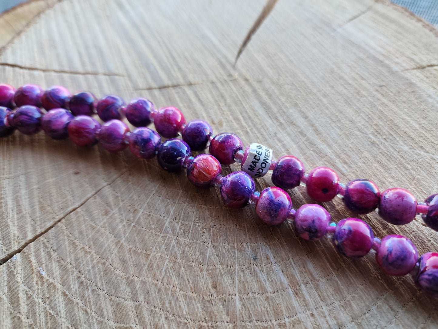 Marbleized Wood Long Beaded Necklace (Hot Pink, Purple, Lime Green)