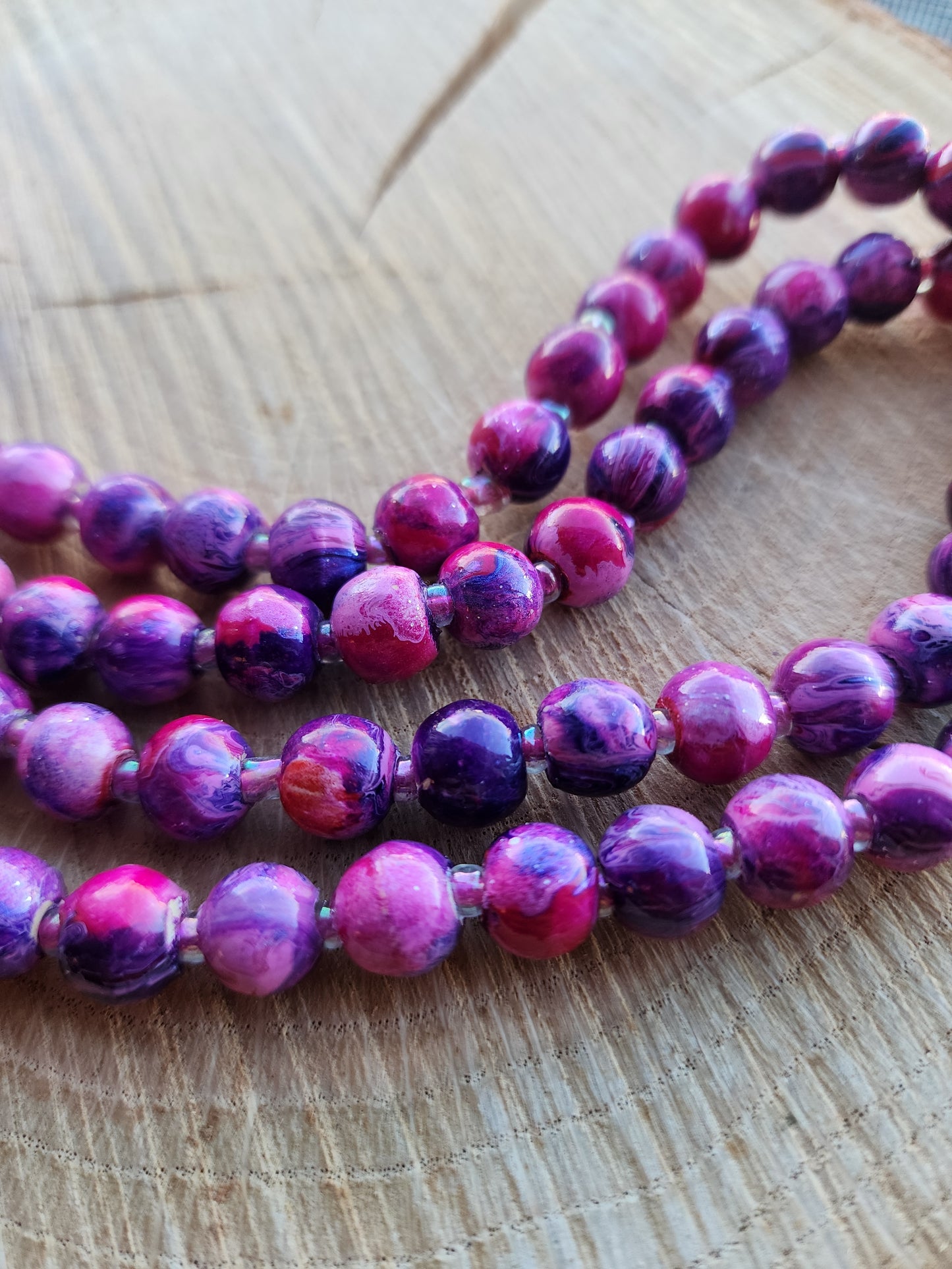 Marbleized Wood Long Beaded Necklace (Hot Pink, Purple, Lime Green)