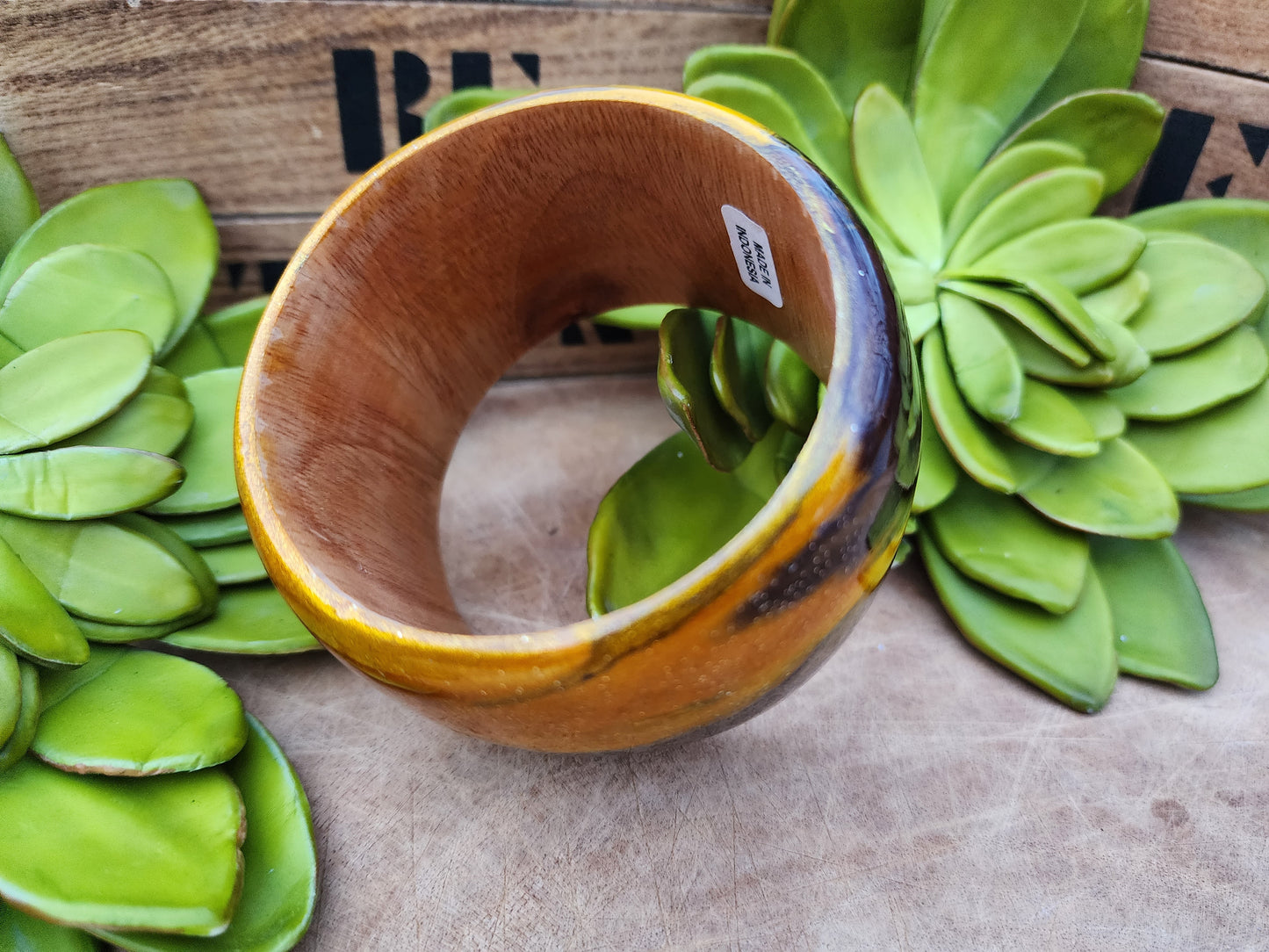 Yellow and Black Marbleized Handcrafted Wood Bangle