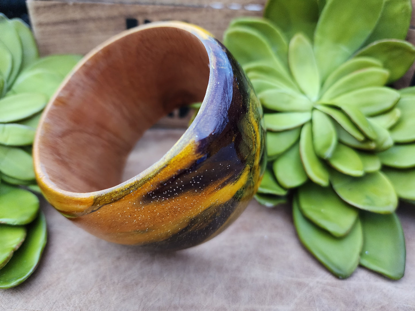 Yellow and Black Marbleized Handcrafted Wood Bangle