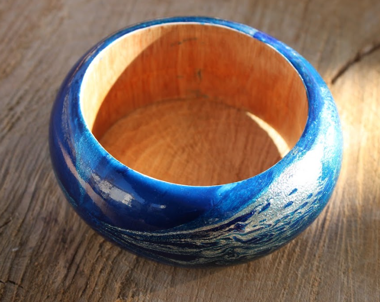 Blue Marbleized Handcrafted Wood Bangle