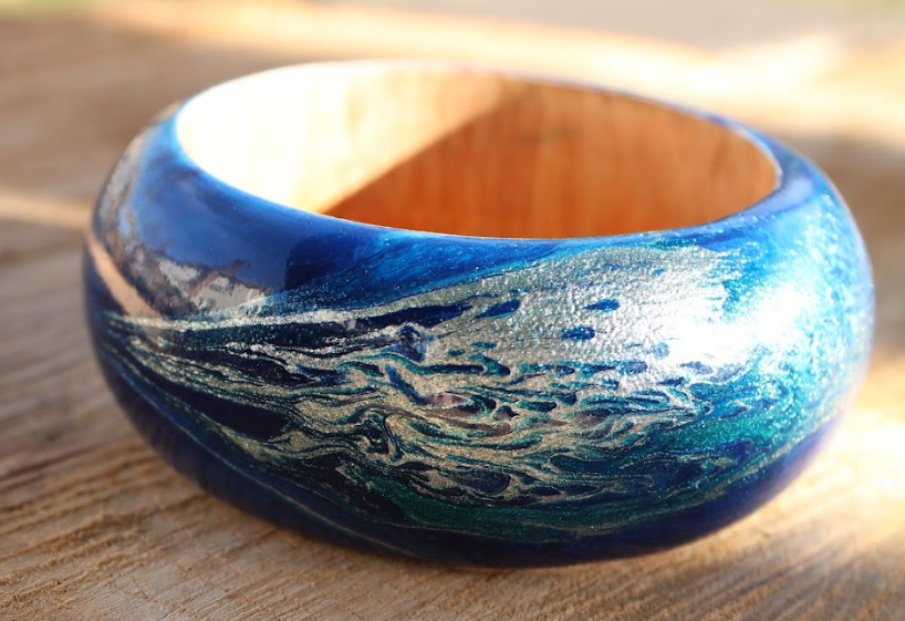 Blue Marbleized Handcrafted Wood Bangle